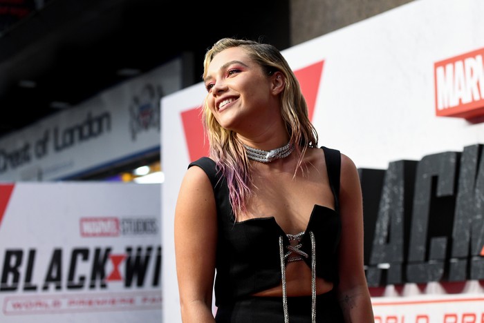 Florence Pugh LONDON, ENGLAND - JUNE 29: Florence Pugh attends Marvel Studios Black Widow world premier fan event at Cineworld Leicester Square on June 29, 2021 in London, England. (Photo by Gareth Cattermole/Getty Images for Walt Disney Studios Motion Pictures UK )