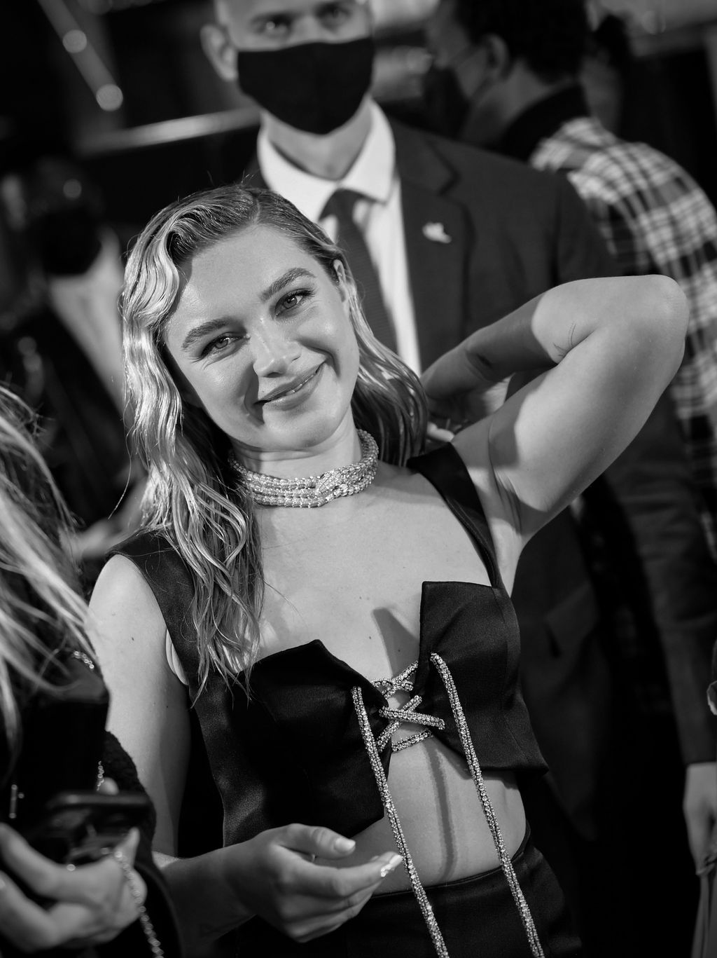 LONDON, ENGLAND - JUNE 29:  (EDITORS NOTE: Image has been converted to black and white) Florence Pugh attends Marvel Studios' 