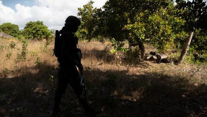 A Rwandan soldier patrols near Palma, Cabo Delgado, Mozambique on 22nd september 2021. - Since July 2021 a contingent of a thousand Rwandan soldiers and policemen is deployed to Mozambique to fight insurgents that were terrorising populations. The Rwanda Defence Forces (RDF) declared few victories among which the liberation of Mocimboia Da Praia which was occupied by jihadist for almost a year. (Photo by Simon WOHLFAHRT / AFP)