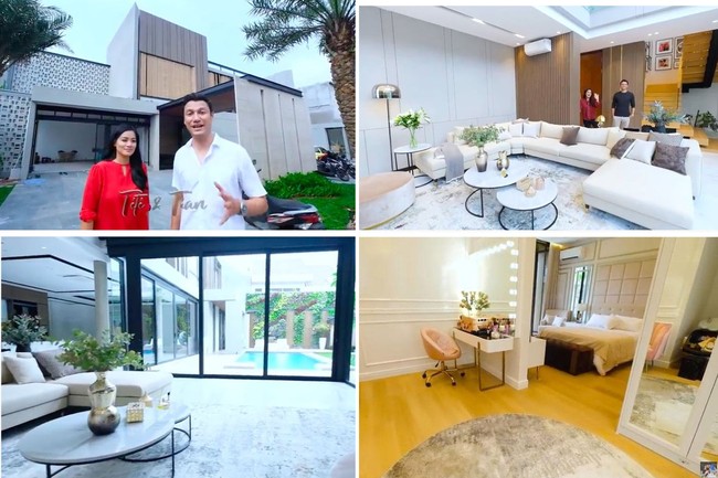Bak resor berbintang, rumah mewah milik Titi Kamal dan Christian Sugiono ini tampak didominasi dengan interior bergaya modern chic. Ruang keluarga menjadi salah satu area vital yang pembangunannya memakan waktu dua tahun. Di ruang tersebut terdapat sebuah sofa besar berwarna putih yang bisa menampung para anggota keluarganya jika sedang berkumpul bersama. Sedangkan di halaman belakangnya terdapat kolam renang, area gazebo, dan taman. Foto: dok. YouTube/Titi dan Tian