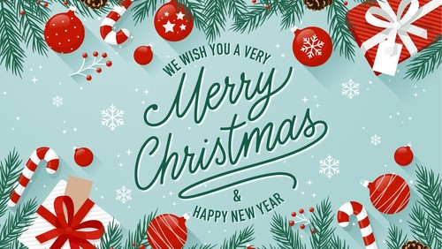 Christmas greeting cards with christmas decorations and text Merry Christmas and Happy New Year