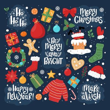 Festive Christmas card with fir tree and festive decorations balls, stars, snowflakes on wood background. Christmas template for banner, ticket, leaflet, card, invitation, poster and so on