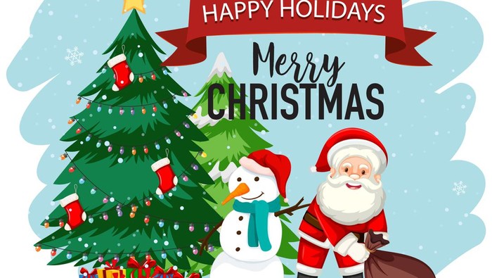 Festive Christmas card with fir tree and festive decorations balls, stars, snowflakes on wood background. Christmas template for banner, ticket, leaflet, card, invitation, poster and so on