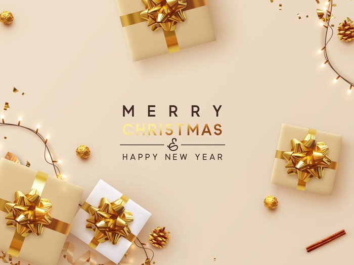 Festive Christmas card with fir tree and festive decorations balls, stars, snowflakes on wood background. Christmas template for banner, ticket, leaflet, card, invitation, poster and so on