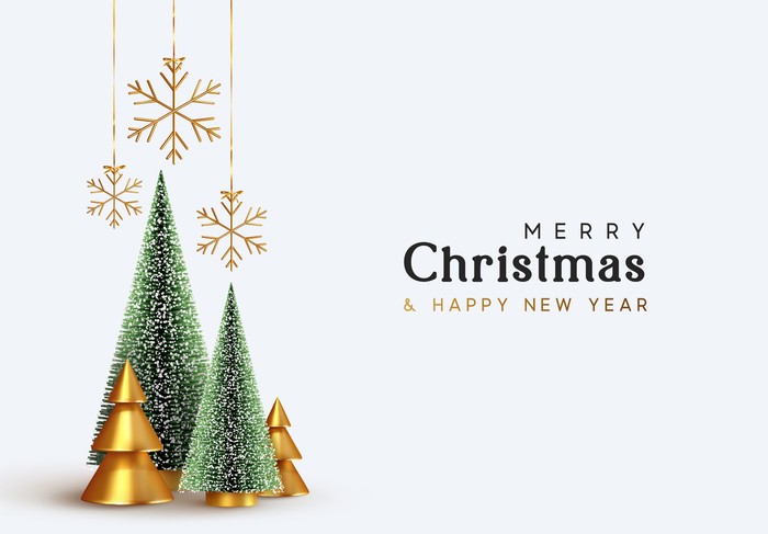 Festive Christmas card with fir tree and festive decorations balls, stars, snowflakes on wood background. Christmas template for banner, ticket, leaflet, card, invitation, poster and so on