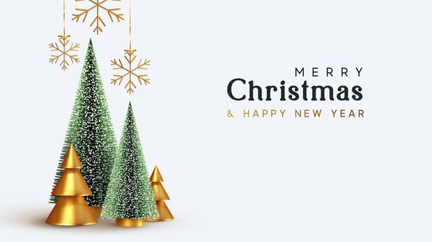 Festive Christmas card with fir tree and festive decorations balls, stars, snowflakes on wood background. Christmas template for banner, ticket, leaflet, card, invitation, poster and so on