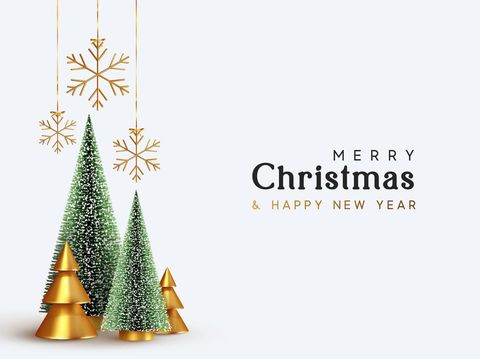 Festive Christmas card with fir tree and festive decorations balls, stars, snowflakes on wood background. Christmas template for banner, ticket, leaflet, card, invitation, poster and so on