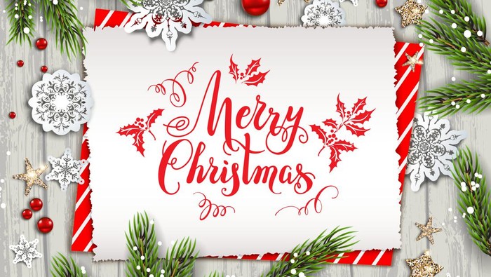 Festive Christmas card with fir tree and festive decorations balls, stars, snowflakes on wood background. Christmas template for banner, ticket, leaflet, card, invitation, poster and so on