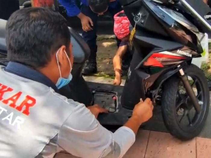 Seekor ular masuk ke sepeda motor warga Blitar. Untuk menangkap ular tersebut, petugas terpaksa membongkar bodi motor bagian depan