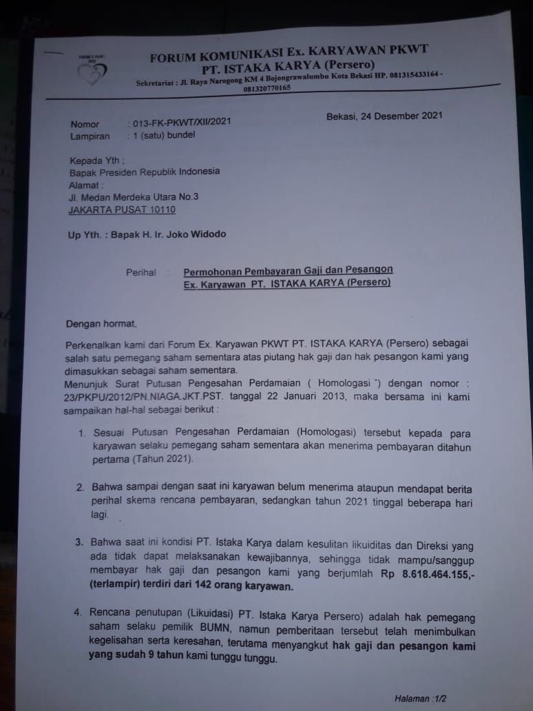 Surat Eks Karyawan Istaka Karya ke Jokowi