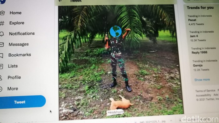 Foto pria berseragam loreng berpose memegang senapan laras panjang viral di medsos. Di depan pria tersebut tampak ada sesosok diduga bangkai anjing. (repro detikcom)