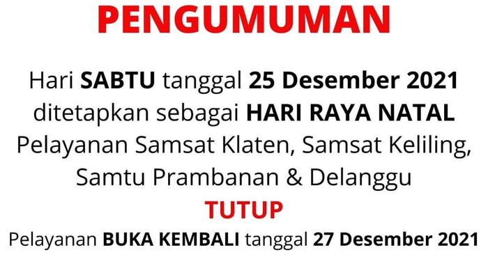 Pengumuman jadwal pelayanan Samsat saat Natal dan Tahun Baru