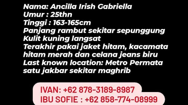 Ancilla Irish Gabriella (25) dikabarkan hilang usai ikut Meditation Camp di Tangsel.
