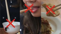 Menyalahi etika pakai eumpit, wanita ini bukan mencapit makanan malah menusuk makanan pakai gagang sumpit. Foto: Instagram /Twitter