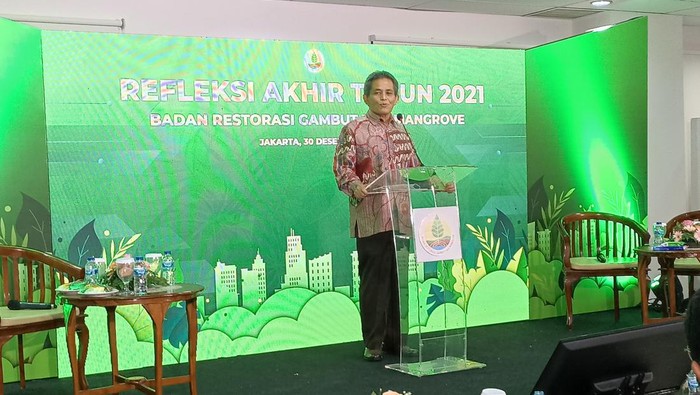 Ketua BRGM Hartono Prawiraatmaja memaparkan capaian sepanjang 2021 di kantornya, Gedung Graha GAMA, Jl Cikini Raya, Menteng, Jakarta Pusat, Kamis (30/12/2021).