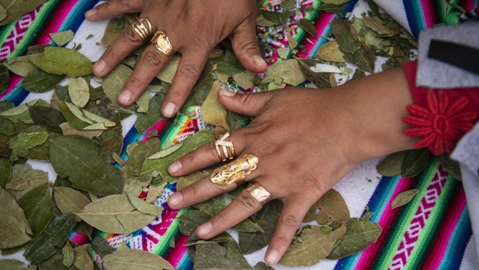 A shaman reads coca leaves as she performs a ritual of predictions at the Wishes Market in Lima, on December 28, 2021. - With flowering baths and pinata-burning of the most hated politicians such as Peruvian President Pedro Castillo and Venezuelan Nicolas Maduro, Peruvians will receive the year 2022. (Photo by ERNESTO BENAVIDES / AFP)