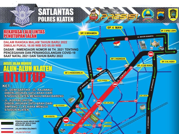Penutupan jalan ke Alun-alun Klaten pada malam tahun baru, Jumat (31/12/2021).