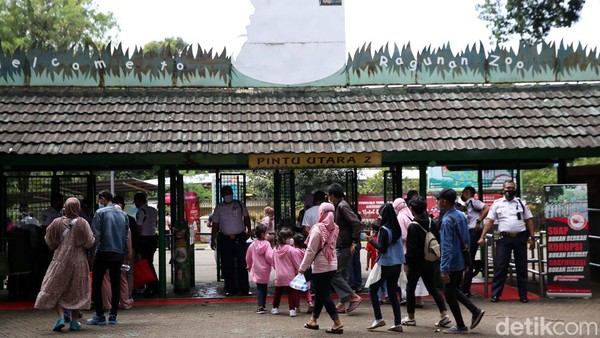 Sejumlah pengunjung mengantre untuk memasuki Taman Margasatwa Ragunan, Sabtu (1/1/2022).