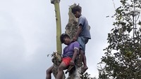 Ibunya yang melihat dari bawah sangat panik. Beberapa warga sekitar kemudian berusaha menurunkannya menggunakan tangga. Namun tangga bambu yang mereka gunakan kurang tinggi dan beresiko untuk mengangkat tubuh Deni.