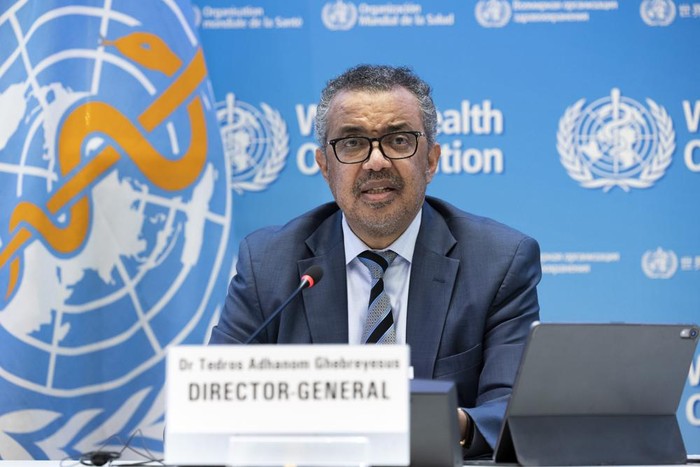 Tedros Adhanom Ghebreyesus, Director General of the World Health Organization (WHO), talks to the media regarding the coronavirus and global health priorities in 2022, during a press conference, at WHO headquarters in Geneva, Switzerland, Monday, Dec. 20, 2021. (Salvatore Di Nolfi/Keystone via AP)