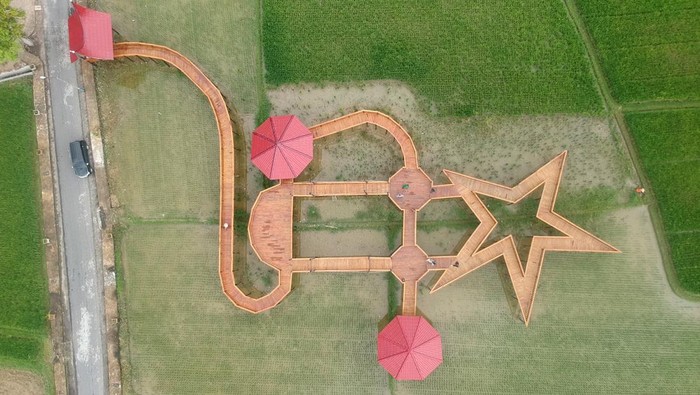 Pengunjung menikmati objek wisata sawah di Desa Pauh Timur, Kota Pariaman, Sumatera Barat, Minggu (2/1/2021). Objek wisata sawah yang baru dibuka menyambut tahun 2022 itu dibangun menggunakan dana desa yang akan dikembangkan menjadi wisata edukasi dan seni budaya. ANTARA FOTO/Iggoy el Fitra/foc.