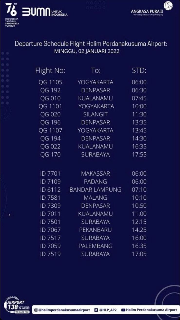 Informasi Penerbangan Bandara Halim Perdanakusuma (Tangkapan Layar via Instagra @halimperdanakusumaairport)