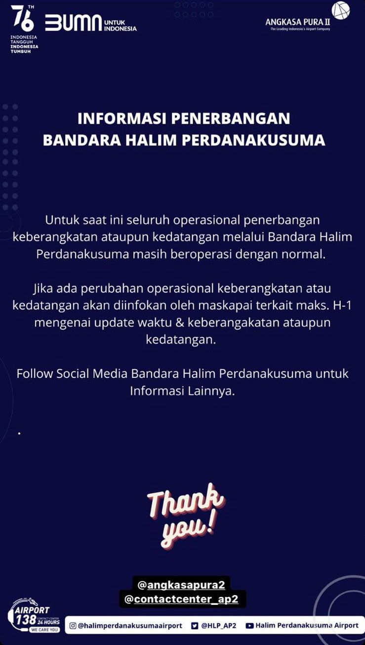 Informasi Penerbangan Bandara Halim Perdanakusuma (Tangkapan Layar via Instagra @halimperdanakusumaairport)