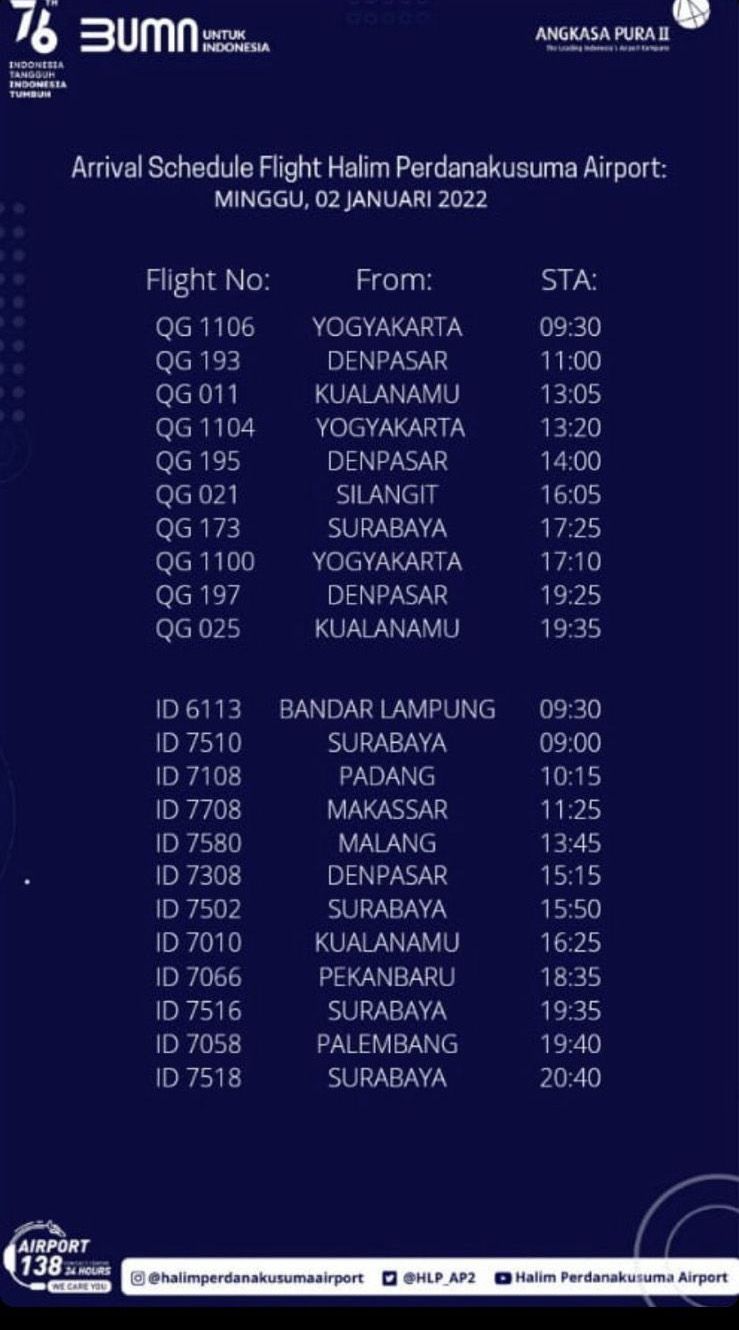 Informasi Penerbangan Bandara Halim Perdanakusuma (Tangkapan Layar via Instagra @halimperdanakusumaairport)