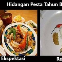 Ekspetasi terkadang memang sering tidak sesuai dengan realita. Penginnya makan enak saat Tahun Baru, ternyata cuma bisa makan ala kadarnya seperti ini. Tapi ya nggak apa-apa deh, bersyukur aja.. Foto: Facebook