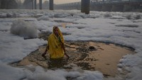Seorang umat Hindu India melakukan ritual di sungai Yamuna, yang tertutup busa kimia yang disebabkan oleh polusi industri dan domestik, selama festival Chhath Puja di New Delhi, India, Rabu, 10 November 2021. Hamparan luas salah satu sungai paling suci di India, Yamuna, ditutupi dengan busa beracun, yang sebagian disebabkan oleh polutan tinggi yang dikeluarkan dari industri yang mengelilingi ibu kota New Delhi. Namun, ratusan umat Hindu Rabu berdiri setinggi lutut di airnya yang berbusa dan beracun, kadang-kadang bahkan membenamkan diri di sungai untuk berenang suci, untuk menandai festival Chhath Puja. AP/Altaf Qadri