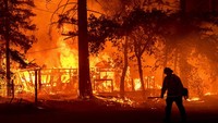 Seorang petugas pemadam kebakaran melewati sebuah rumah yang terbakar saat Dixie Fire berkobar di Plumas County, California, Sabtu, 24 Juli 2021. Kebakaran tersebut menghancurkan beberapa tempat tinggal saat melahap komunitas Indian Falls. AP/Noah Berger