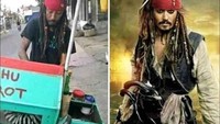 Memilih rezeki yang lebih halal, Jack Sparrow tak lagi jadi bajak laut. Alih profesi, Jack Sparrow kini memilih jualan tahu gejrot. Foto: Twitter/@nocontextwarung