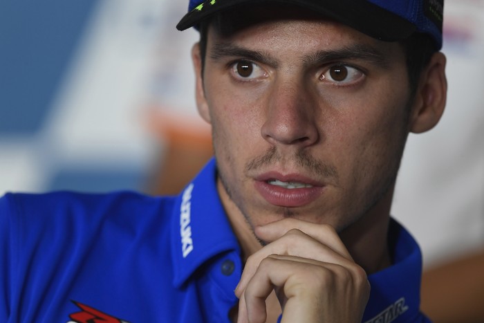 MISANO ADRIATICO, ITALY - SEPTEMBER 16:  Joan Mir of Spain and Team Suzuki ECSTAR  looks on during the press conference pre-event during the MotoGP Of San Marino - Previews at Misano World Circuit on September 16, 2021 in Misano Adriatico, Italy. (Photo by Mirco Lazzari gp/Getty Images)