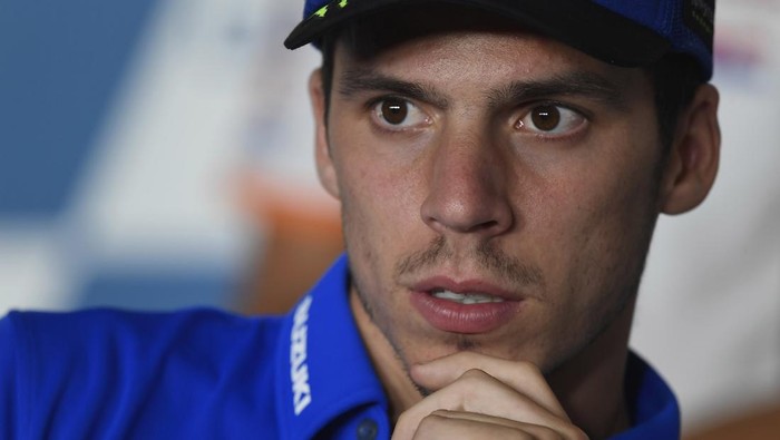 MISANO ADRIATICO, ITALY - SEPTEMBER 16:  Joan Mir of Spain and Team Suzuki ECSTAR  looks on during the press conference pre-event during the MotoGP Of San Marino - Previews at Misano World Circuit on September 16, 2021 in Misano Adriatico, Italy. (Photo by Mirco Lazzari gp/Getty Images)