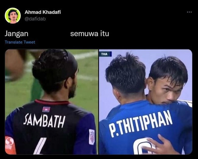 Nggak cuma nama pemain Timnas Thailand, nama pemain Timnas Kamboja ini juga rupanya cukuup mencuri perhatian. Jika nama keduanya digabung bisa membentuk kalimat nyeleneh seperti ini. Foto: twitter.com/dafidab