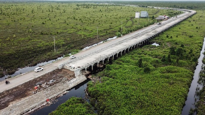 PEMBANGUNAN JEMBATAN LAYANG DI JALAN TRANS KALTENG Pekerja mengoperasikan alat berat pada proyek pembangunan jembatan layang (pile slab) di Jalan Trans Kalimantan Bukit Rawi, Pulang Pisau, Kalimantan Tengah, Selasa (4/1/2022). Pemerintah Provinsi Kalteng membangun jembatan layang sepanjang 3,1 kilometer di ruas Jalan Trans Kalimantan poros tengah tersebut untuk mengantisipasi gangguan lalul intas akibat banjir tahunan dan ditargetkan selesai pada pertengahan tahun 2022. ANTARA FOTO/Makna Zaezar/tom.