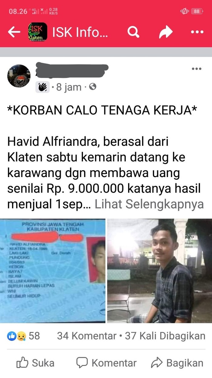 Postingan soal korban penipuan calo tenaga kerja