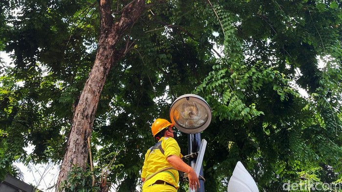 Aksi Pasukan Kuning Perbaiki Lampu PJU di Gambir Petugas dari Suku Dinas Bina Marga Pemkot Jakarta Pusat atau pasukan kuning memperbaiki lampu PJU di kawasan Gambir. Perbaikan itu untuk kenyamanan pengguna jalan.