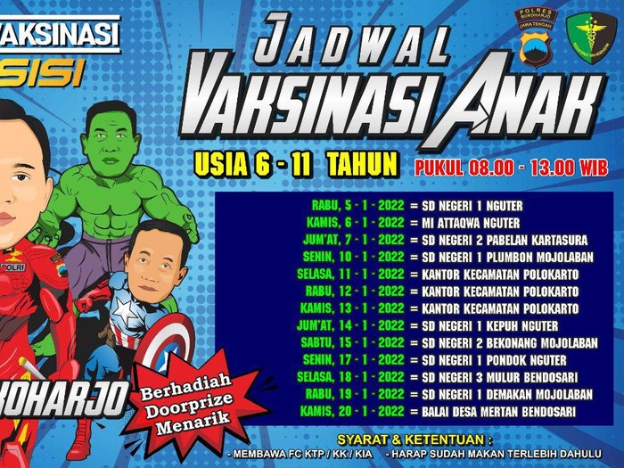 Jadwal vaksinasi anak Polres Sukoharjo, Rabu (5/1/2022).