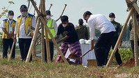Disaksikan warga, Jokowi tampak lincah mengayungkan cangkul dan sekop layaknya petani.