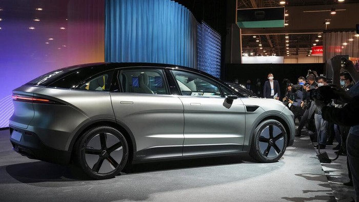 The Sony Vision-S 02 electric SUV is debuted during the Sony news conference at the CES tech show, Tuesday, Jan. 4, 2022, in Las Vegas. (AP Photo/Joe Buglewicz)