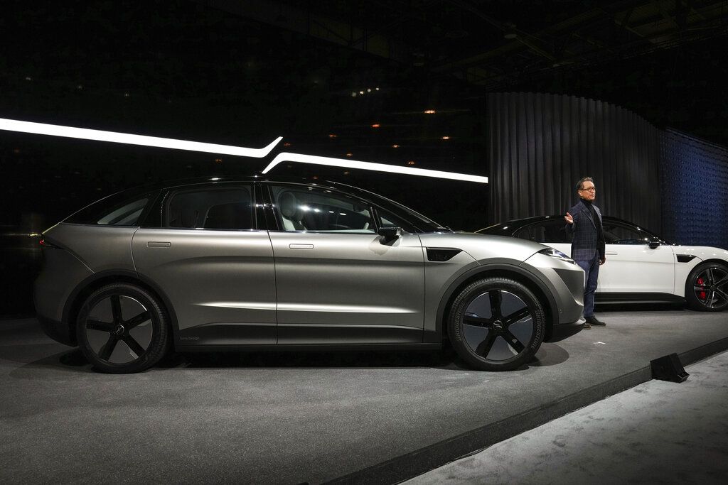 The Sony Vision-S 02 electric SUV is debuted during the Sony news conference at the CES tech show, Tuesday, Jan. 4, 2022, in Las Vegas. (AP Photo/Joe Buglewicz)