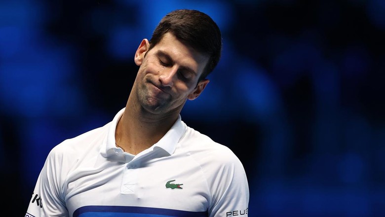 TURIN, ITALY - NOVEMBER 20:  Novak Djokovic of Serbia reacts during the Mens Singles Second Semi-Final match between Novak Djokovic of Serbia and Alexander Zverev of Germany on Day Seven of the Nitto ATP World Tour Finals at Pala Alpitour on November 20, 2021 in Turin, Italy. (Photo by Julian Finney/Getty Images)