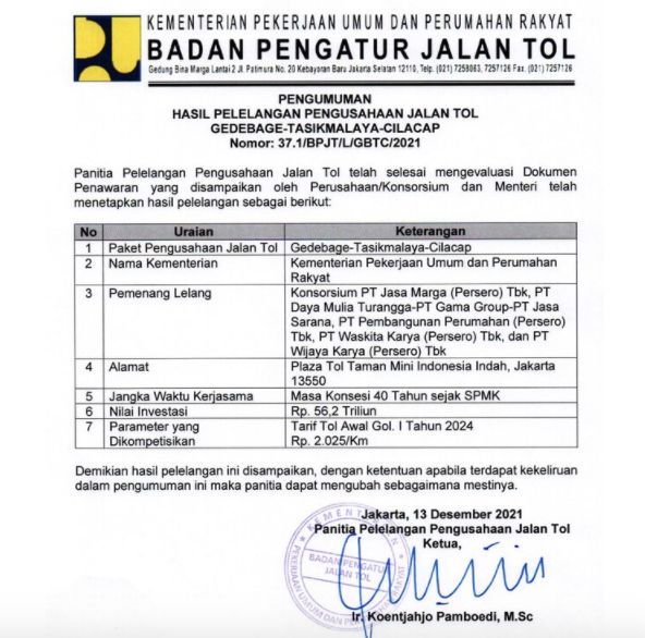 Hasil pelelangan pengusahaan tol Gedebage-Cilacap