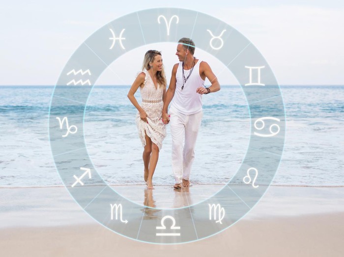 ilustrasi zodiak Happy couple with perfect astrological sign match and love compatibility