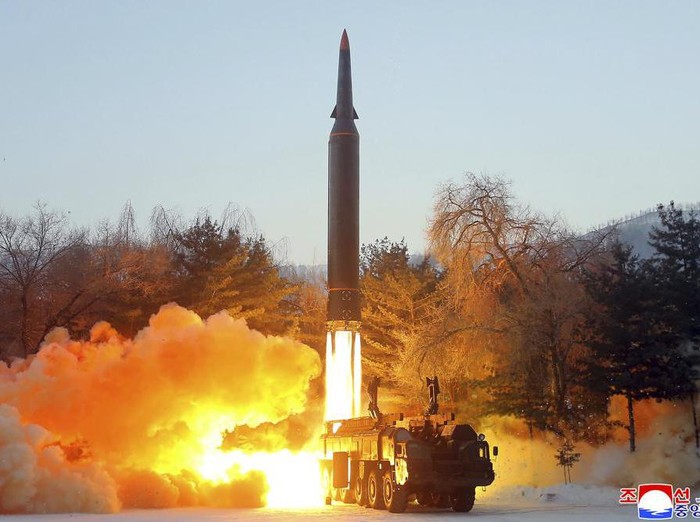 This photo provided by the North Korean government, shows what it says a test launch of a hypersonic missile in North Korea Wednesday, Jan. 5, 2022. Independent journalists were not given access to cover the event depicted in this image distributed by the North Korean government. The content of this image is as provided and cannot be independently verified. Korean language watermark on image as provided by source reads: 