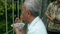 Beli makan siang dari pedagang kaki lima, bapak ini punya cara yang unik. Pagar penghalang membuatnya terpaksa makan menempel di pagar. Foto: Instagram/recehangokil