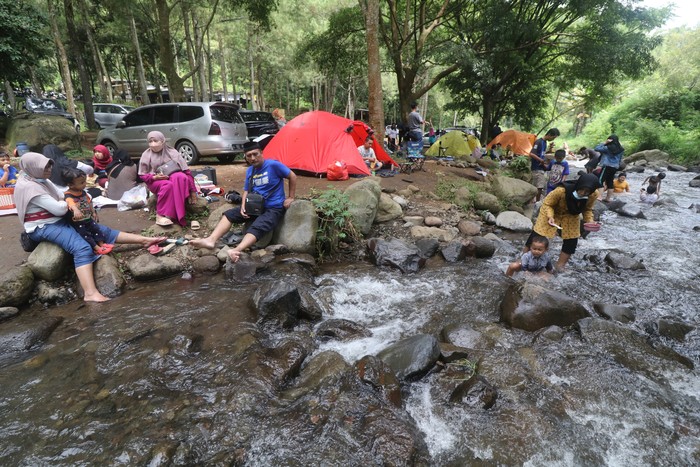 Sejumlah pengunjung menikmati pemandangan di Bumi Perkemahan Bedengan Selorejo, Malang, Jawa Timur, Minggu (9/1/2022). Wisata alam di kawasan Perhutani Kesatuan Pemangkuan Hutan (KPH) Malang tersebut saat akhir pekan ramai pengenjung dengan tiket masuk sangat terjangkau. ANTARA FOTO/Prasetia Fauzani/foc.