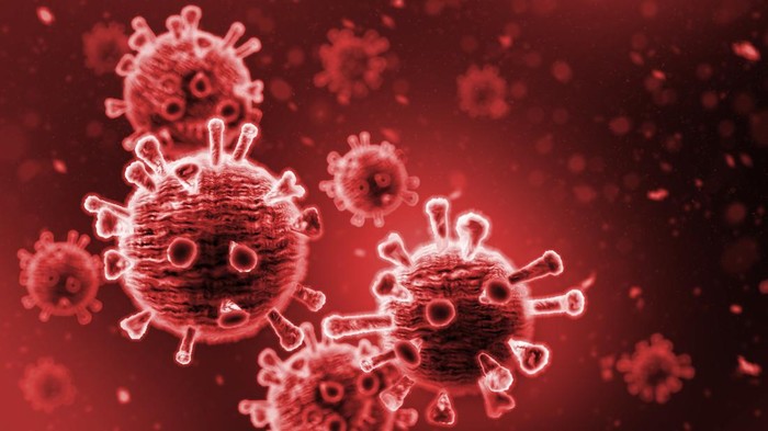 Virus In Red Background - Microbiology And Virology Concept