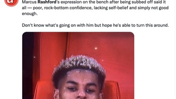 Netizen ini menyoroti ekspresi Rashford usai diganti dan duduk di bangku cadangan. Terlihat dia pasrah dan jadi tidak percaya diri. “Tak tahu apa yang terjadi, tapi harapannya dia bisa bangkit.” Foto: Twitter